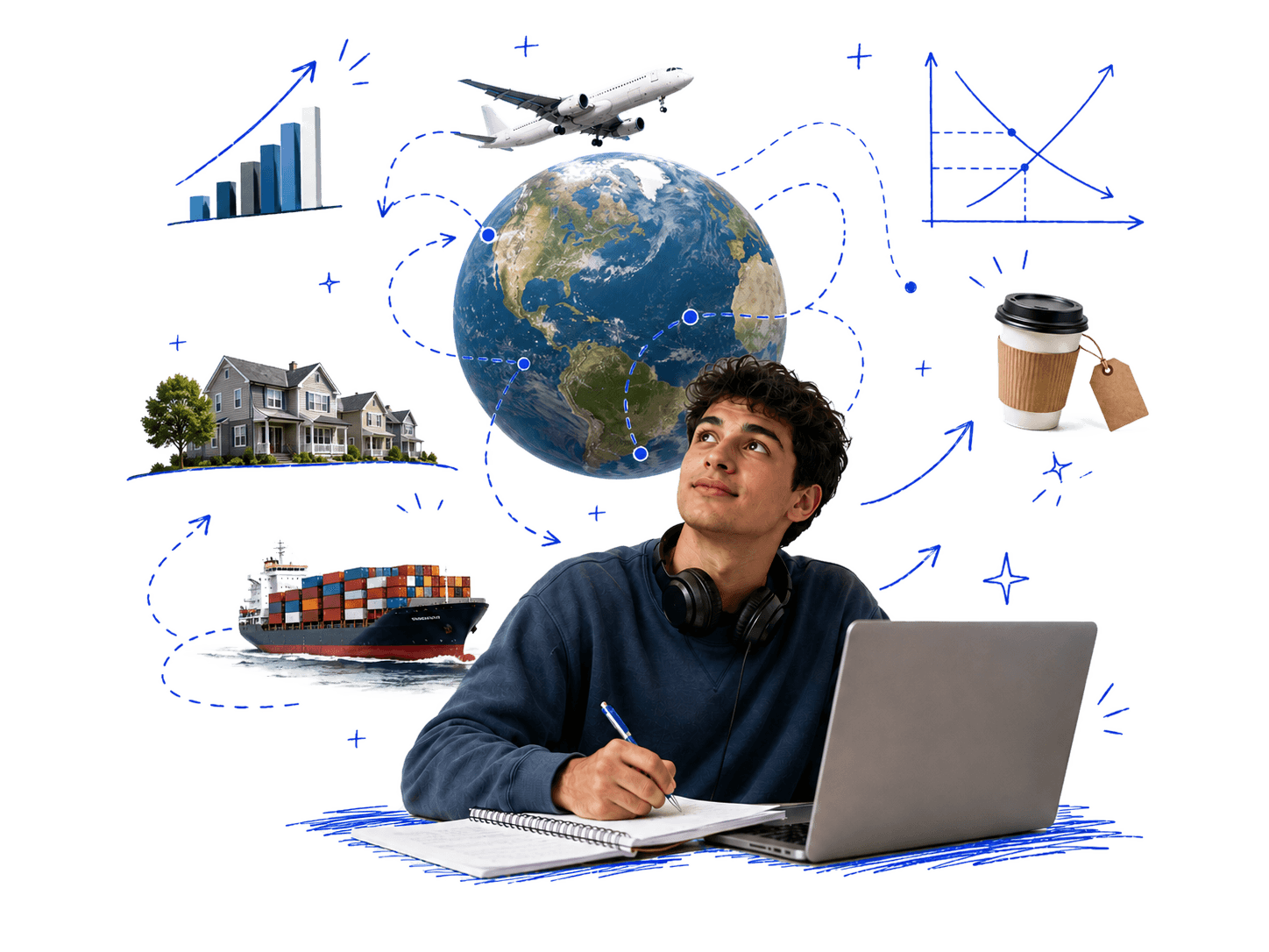 Student writing beside a laptop, looking up at a globe ringed with hand-drawn trade routes, a plane, a container ship, houses and supply-and-demand curves