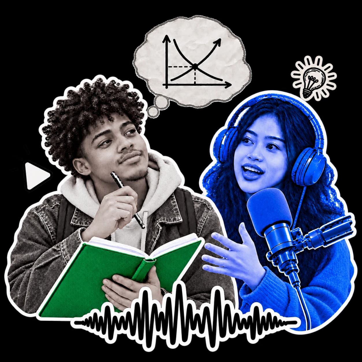 Two students in MRU blue and green: one sketching a supply-and-demand graph in a notebook, one talking into a podcast microphone